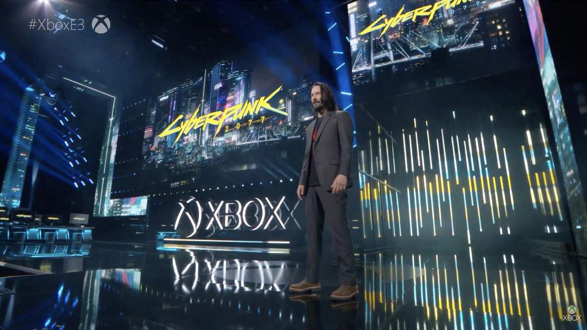 Киану Ривз на презентации игры Cyberpunk 2077, E3 2019 Киану Ривз на презентации игры Cyberpunk 2077, E3 2019